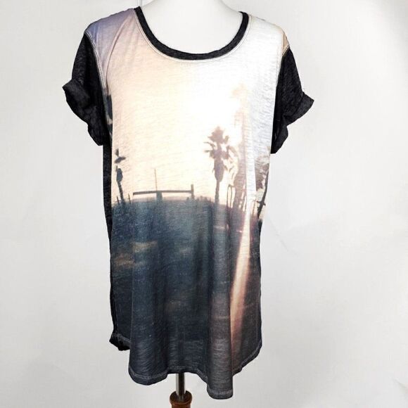 A.N.A Cuffed Sleeve Semi Sheer Burnout T Shirt Palm Tree Sunset Print Womens L - Picture 1 of 5